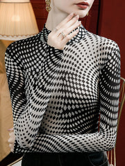 Contrast Color Printed Long Sleeves Plus Size Mock Neck T-Shirts Tops