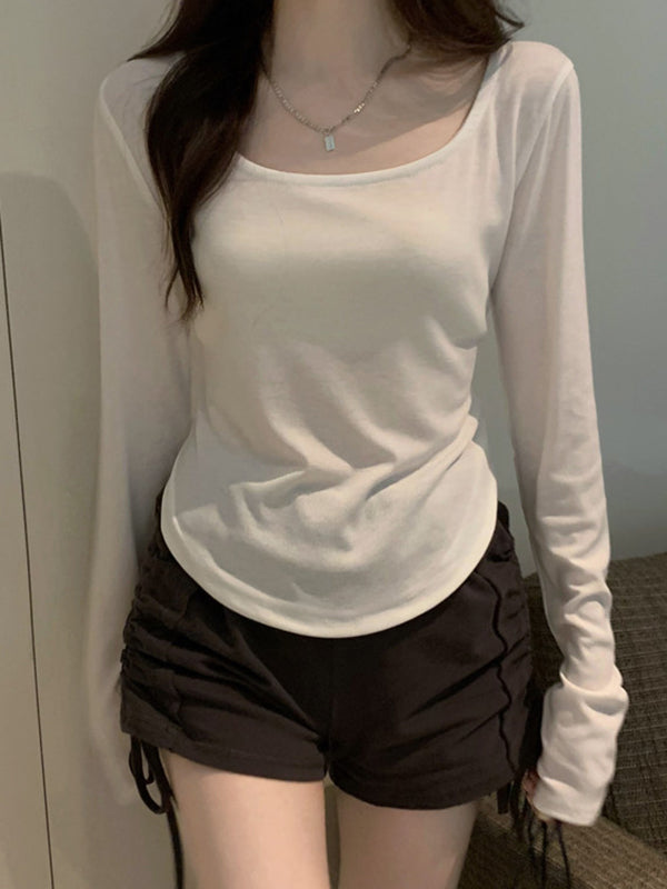 Solid Color Long Sleeves Skinny Square-Neck T-Shirts Tops