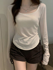 Solid Color Long Sleeves Skinny Square-Neck T-Shirts Tops