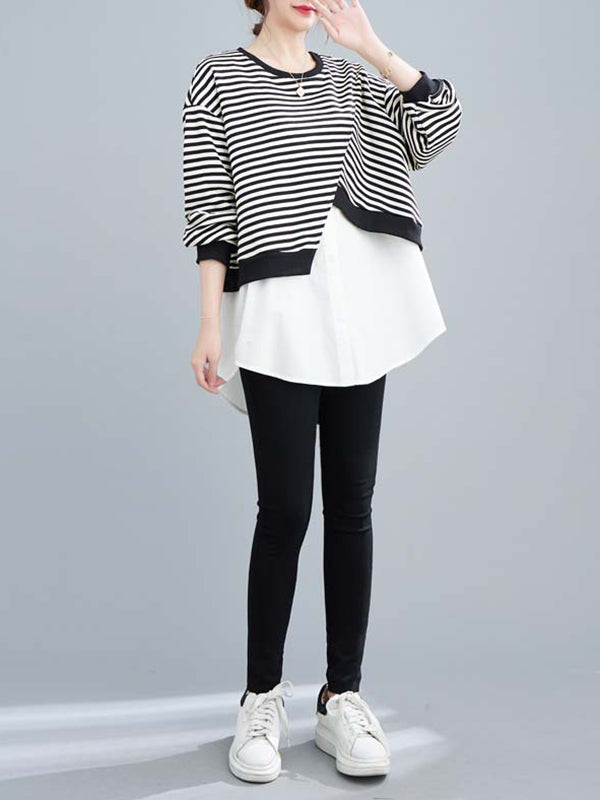 Original Long Sleeves False Two Striped Round-Neck Hoodies&Sweatshirt Tops