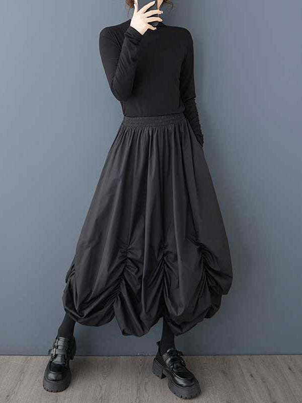 Elasticity Pleated Pockets Solid Color Loose Wide Leg Ninth Pants Culotte