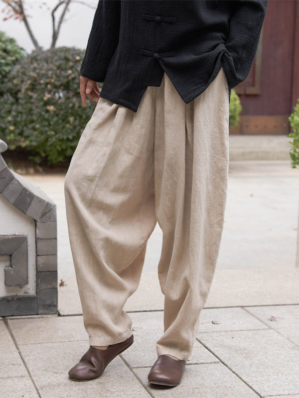 Simple Casual Loose Solid Color Ramie Cotton Pants