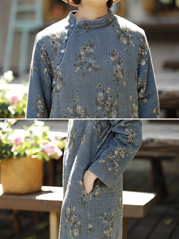 Vintage Loose Printed Keep Warm Velvet Midi Dress Long Cheongsam