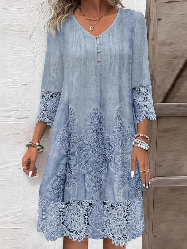 Flower-Embellished Buttoned Contrast Color Split-Joint A-Line Long Sleeves V-Neck Midi Dresses