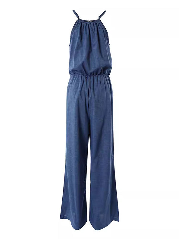 Drawstring Elasticity Solid Color Loose Sleeveless Spaghetti-Neck Jumpsuits