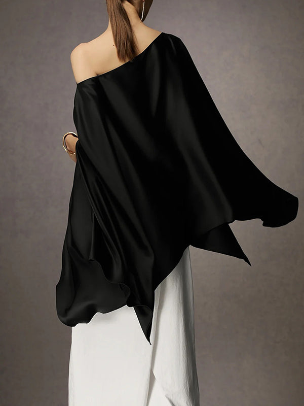 Asymmetric Solid Color Batwing Sleeves Loose One-shoulder Blouses&shirts Tops