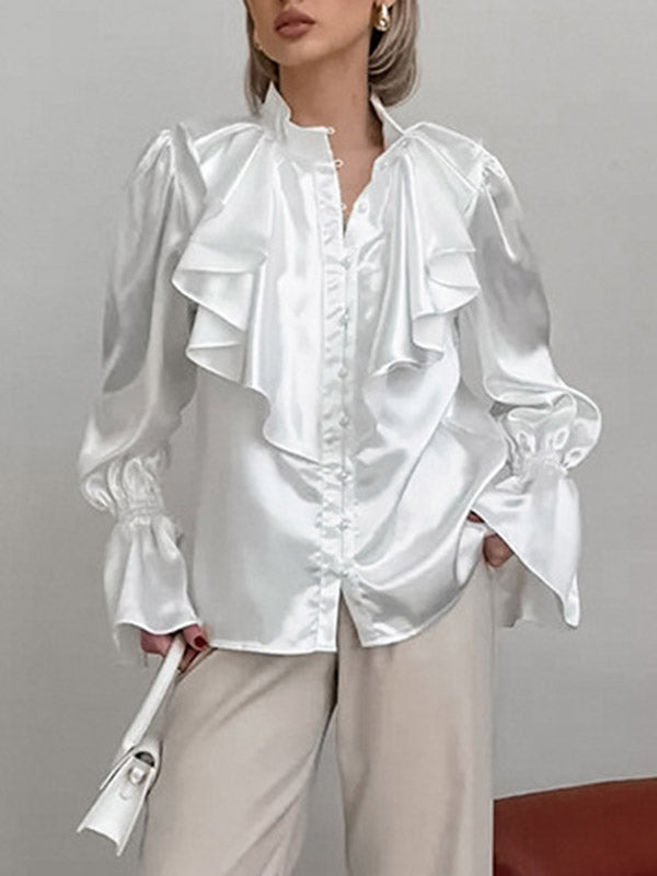 Falbala Solid Color Split-Joint Flared Sleeves Loose Stand Collar Blouses&Shirts Tops