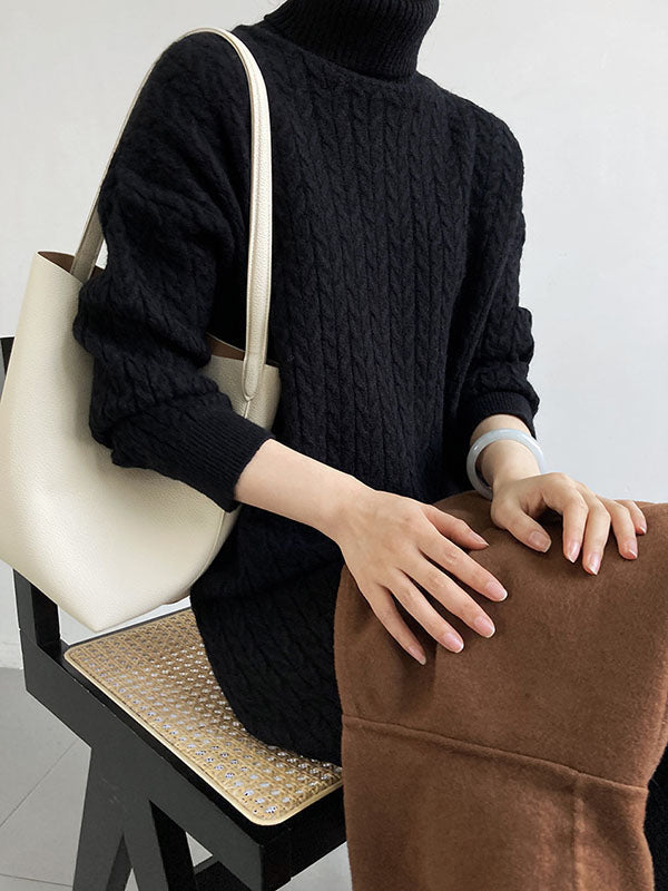 Stylish Loose Long Sleeves Solid Color High-Neck Twist Sweater Dresses