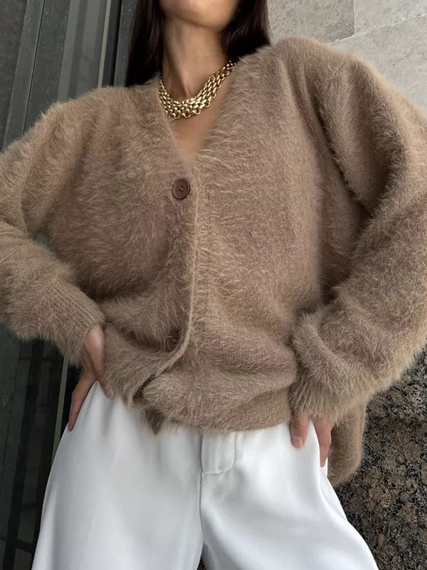 Buttoned Solid Color Long Sleeves Loose V-Neck Cardigan Tops