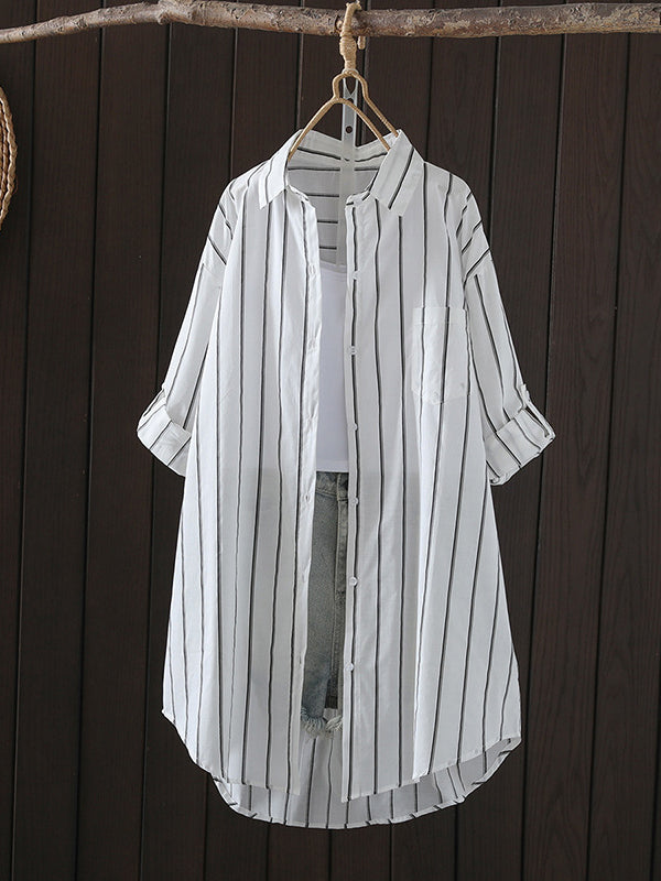 Striped Irregular clipping Long Sleeves Lapel Shirts Tops