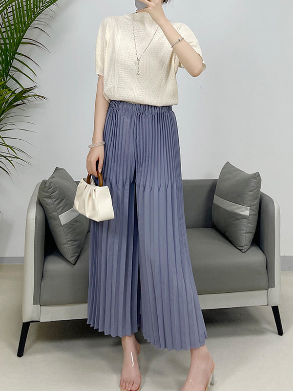 Elasticity Pleated Solid Color Split-Joint High Waisted Loose Trousers Pants
