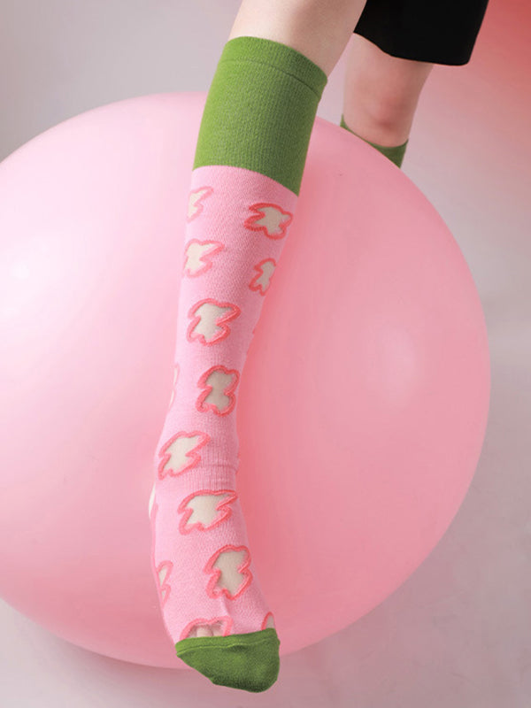 Green Pink Knitted Flower Socks Accessories