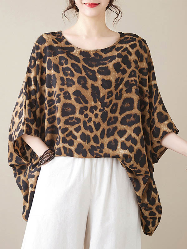 Leopard Batwing Sleeves Loose Round-Neck T-Shirts Tops