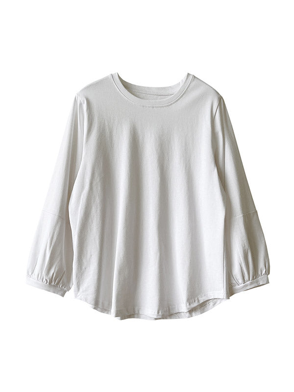 Pleated Solid Color Long Sleeves Loose Round-Neck T-Shirts Tops