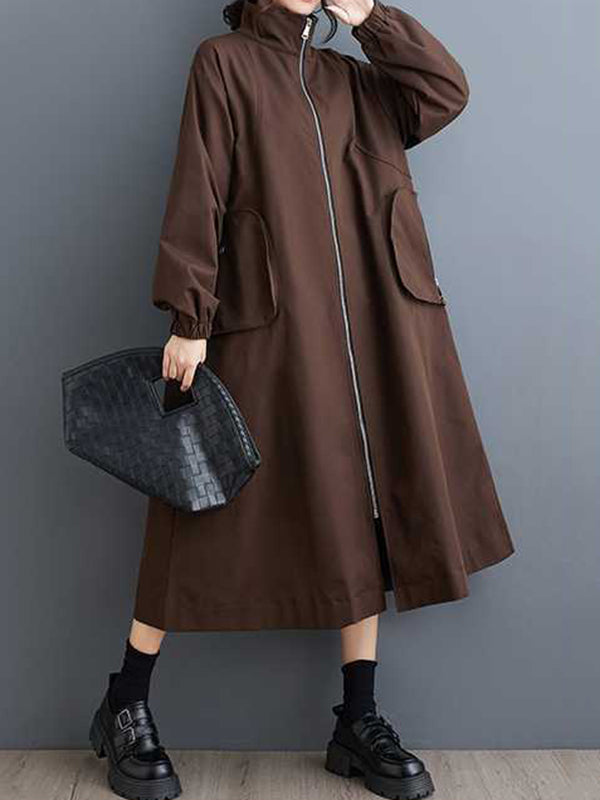 Elasticity Pockets Split-Joint Zipper Long Sleeves Loose High Neck Trench Coats Outerwear