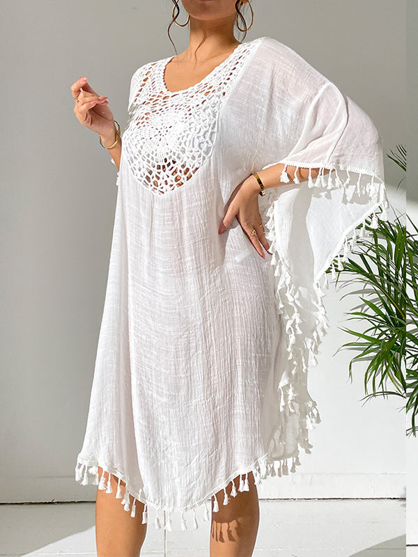 Hollow Solid Color Sun Protection Tasseled Batwing Sleeves Loose Round-Neck Midi Dresses Cover-Ups Tops