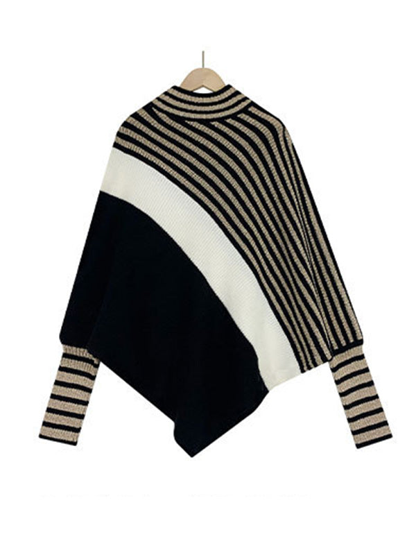Trendy Batwing Sleeves Long Sleeves Striped High-Neck Sweater Tops