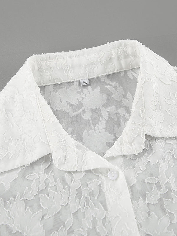 Jacquard See-Through Split-Joint Long Sleeves Loose Lapel Blouses&Shirts Tops
