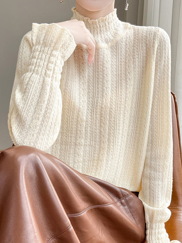 Elasticity Ruffle Trim Solid Color Long Sleeves Loose Mock Neck T-Shirts Tops