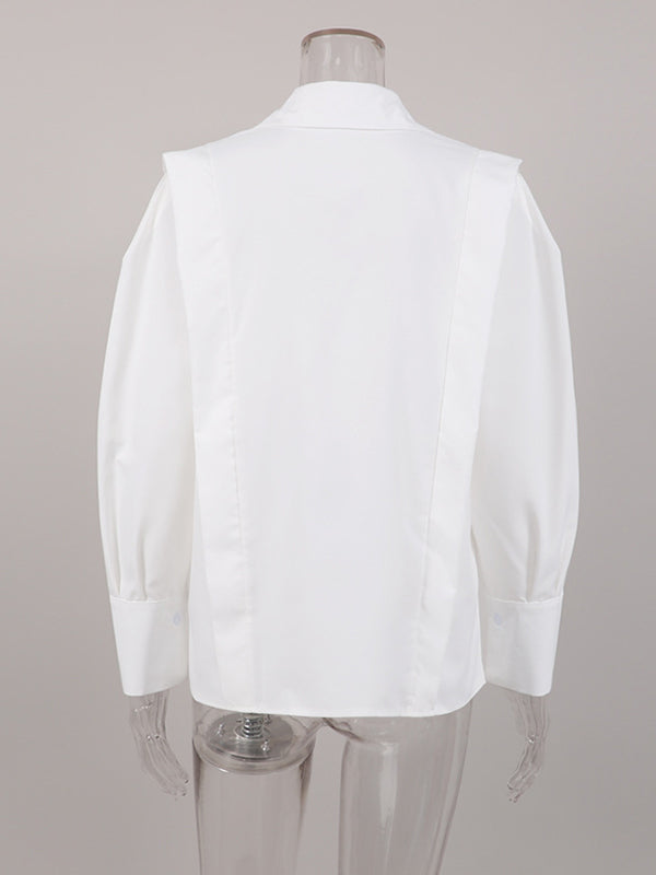 Buttoned Solid Color Long Sleeves Loose Lapel Blouses&Shirts Tops