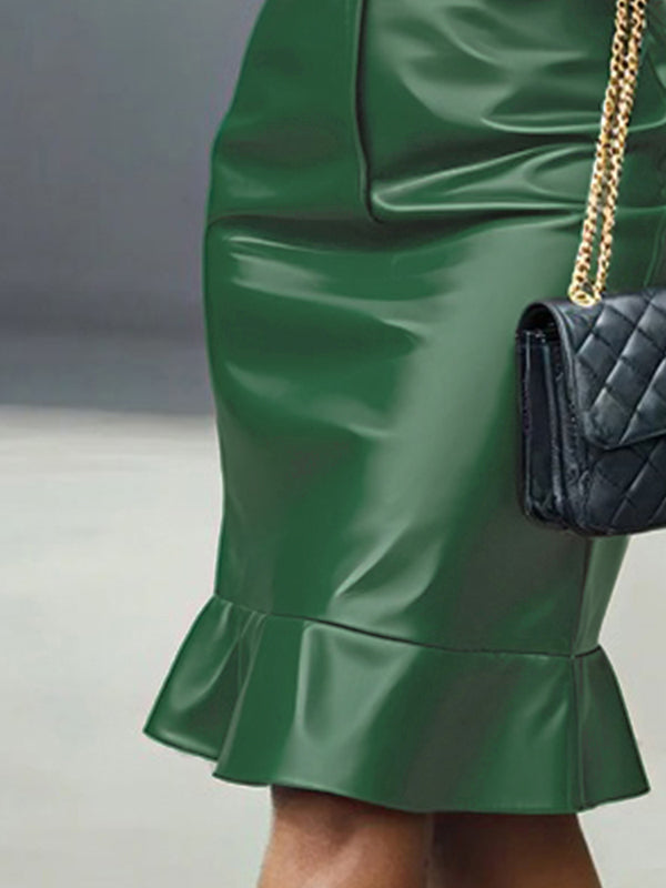 Buttoned Elasticity Ruffle Trim Solid Color Split-Joint Bodycon Long Sleeves Lapel Midi Dresses