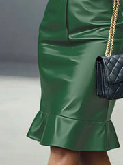 Buttoned Elasticity Ruffle Trim Solid Color Split-Joint Bodycon Long Sleeves Lapel Midi Dresses