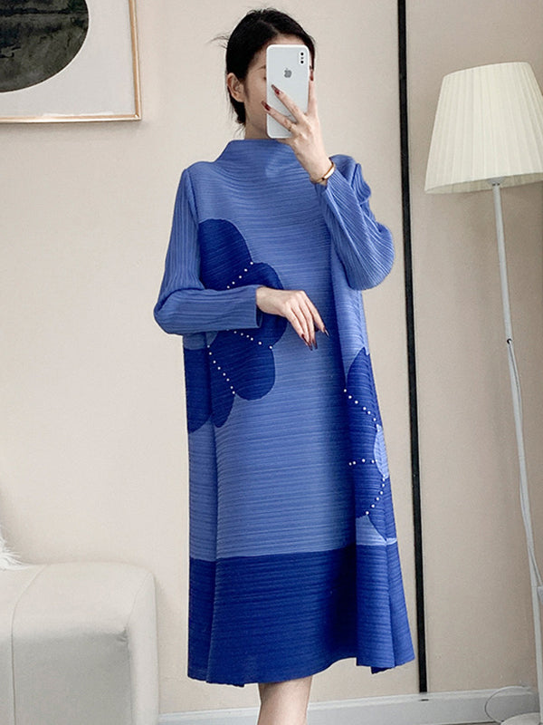 Original Long Sleeves Loose Contrast Color Pleated Beaded Stand Collar Midi Dresses