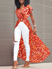 Elasticity Leopard High-Low Loose V-Neck Blouses&Shirts Tops
