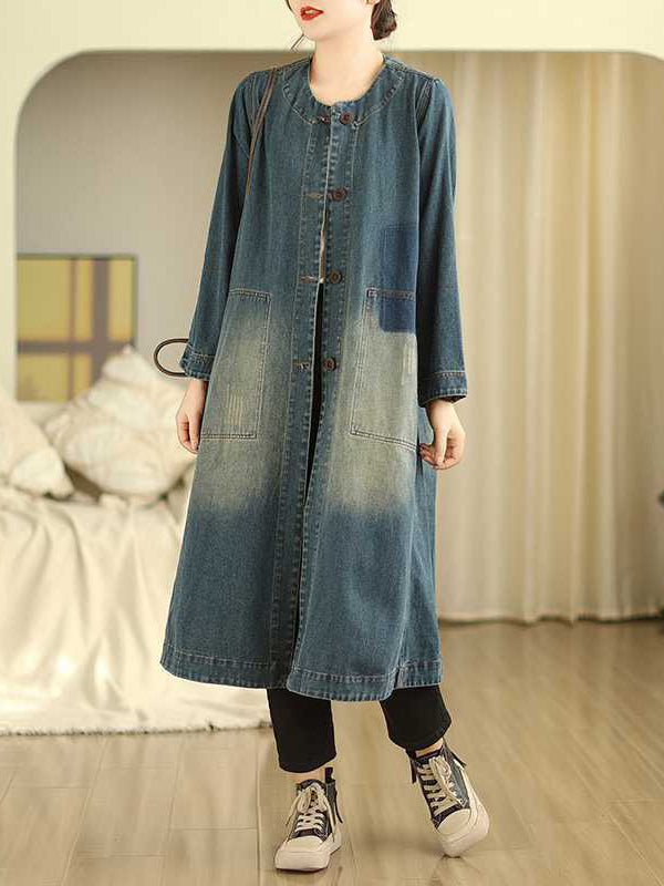 Buttoned Pockets A-Line Long Sleeves Round-Neck Outerwear Midi Dresses