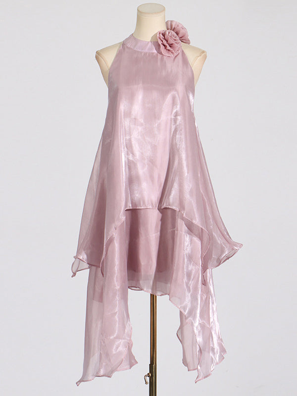 Double Layered Shiny Three-Dimensional Flower High Waisted Loose Halter-Neck Midi Dresses