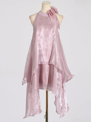 Double Layered Shiny Three-Dimensional Flower High Waisted Loose Halter-Neck Midi Dresses