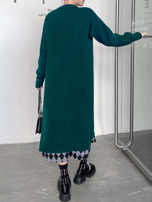 Solid Color Split-side Long Sleeves Loose Round-neck Sweater Tops