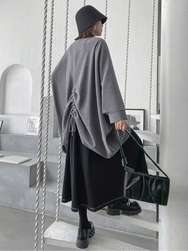 Casual Batwing Sleeves Loose Drawstring Zipper Stand Collar Jackets&Coats