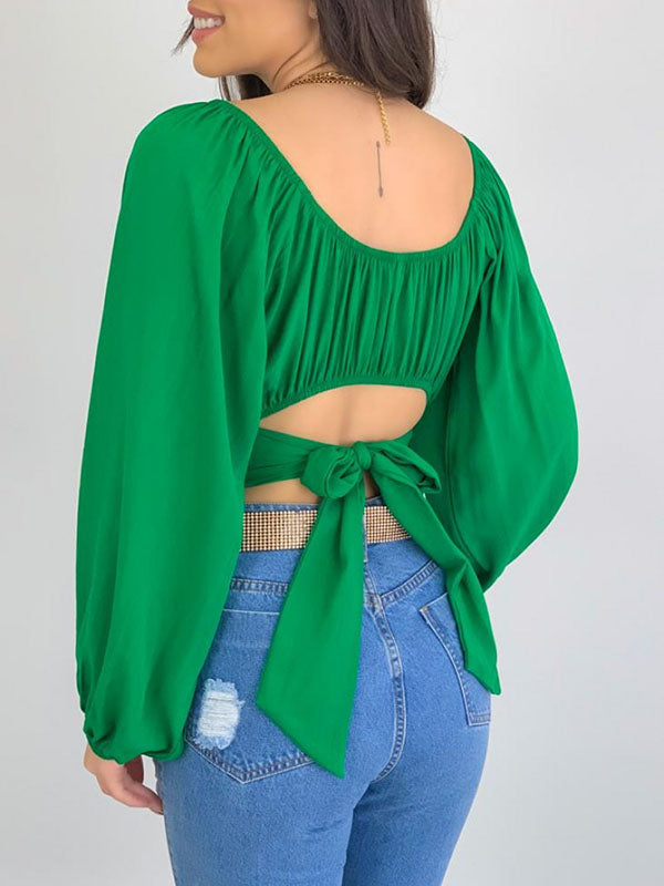 Elasticity Pleated Solid Color Long Sleeves Loose Off-the-shoulder Blouses