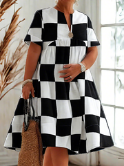 Contrast Color Plaid Pleated Loose Short Sleeves V-neck Shirt Dress Midi Dresses