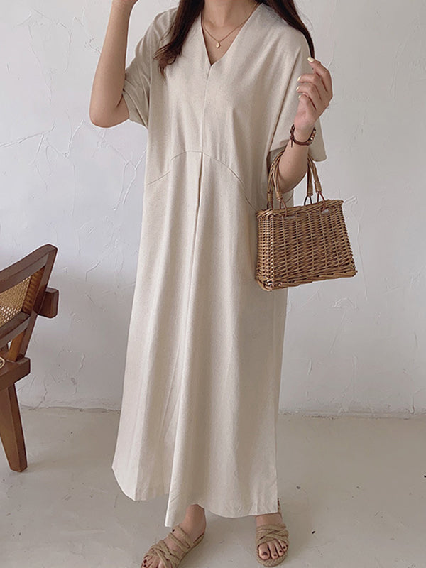 Loose Solid Color V-Neck Pleated With Pockets Midi Dresses