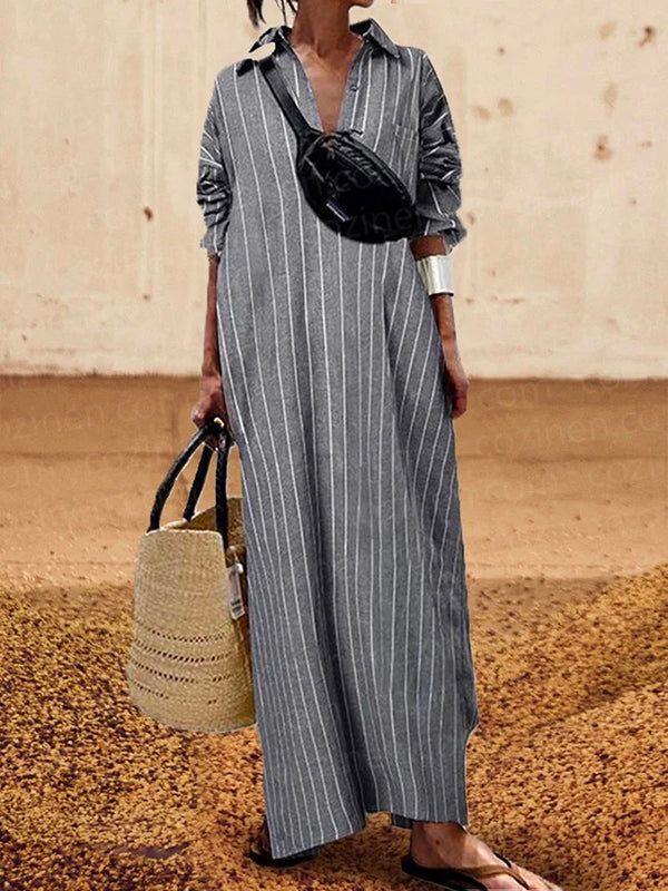 Striped Long Sleeves Lapel Maxi Dresses