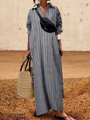 Striped Long Sleeves Lapel Maxi Dresses