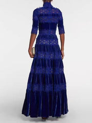 Embroidered Hollow Solid Color Split-Joint Half Sleeves High Waisted High Neck Maxi Dresses