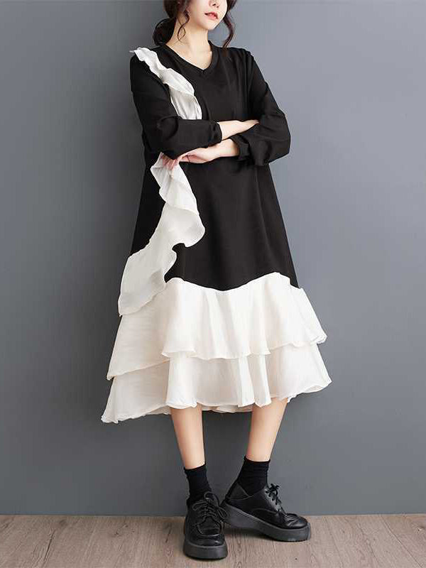 Contrast Color Pockets Ruffle Trim Split-Joint A-Line Long Sleeves V-Neck Midi Dresses