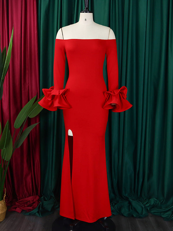 Falbala Solid Color Split-side Bodycon Flared Sleeves Off-the-shoulder Maxi Dresses
