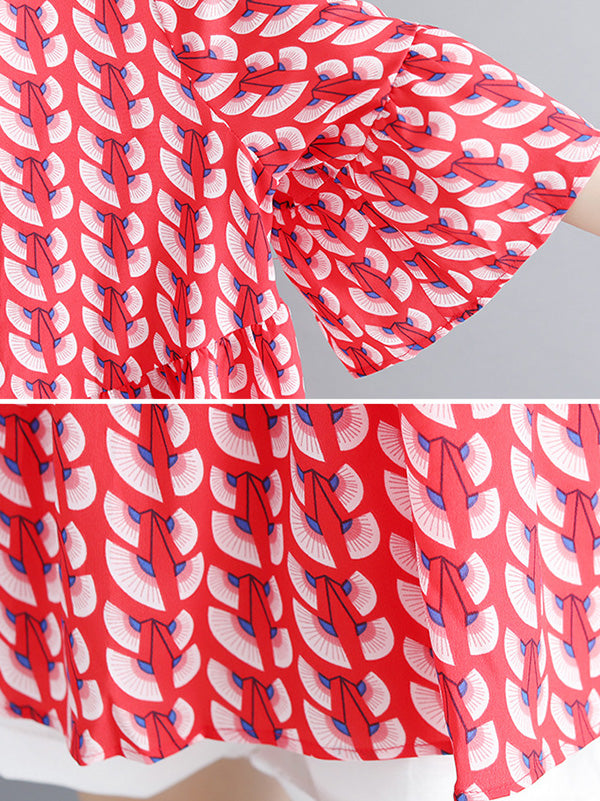 Artistic Retro Loose Half Sleeves Printed Pleated Falbala Round-Neck T-Shirts Tops