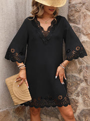 Hollow Solid Color Split-Joint A-Line Half Sleeves V-Neck Mini Dresses
