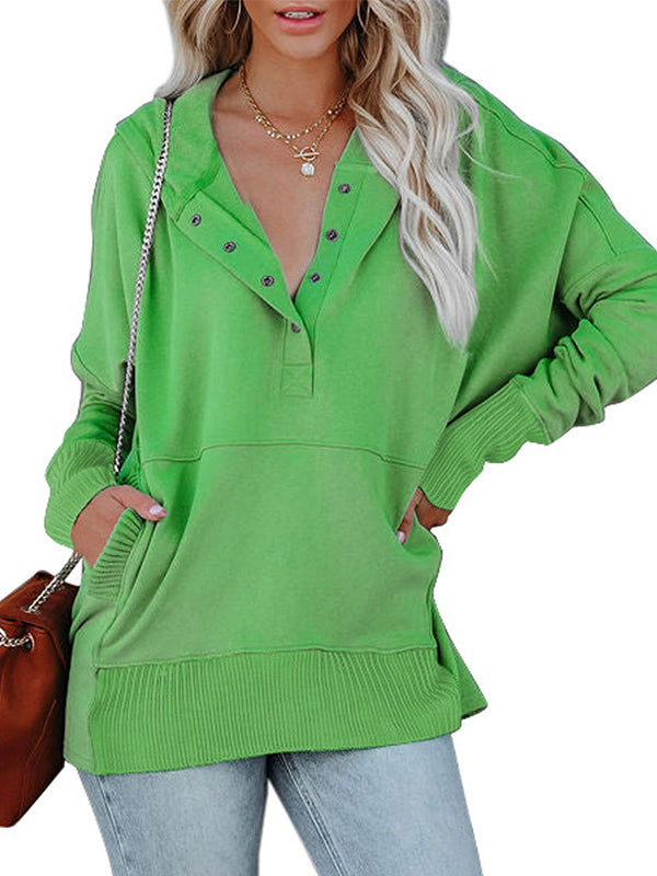 Buttoned Hooded Split-Joint Batwing Sleeves Long Sleeves V-Neck Hoodies Tops