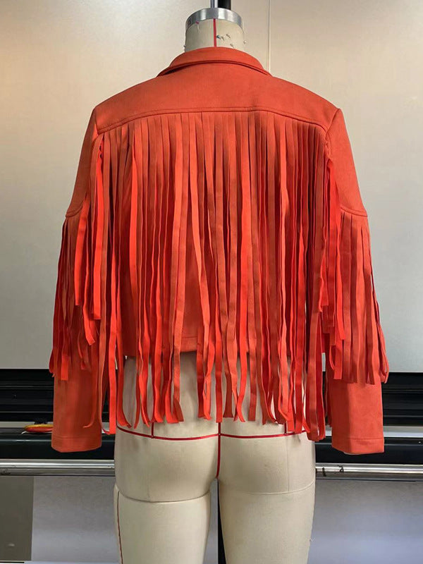 Solid Color Split-Joint Tasseled Long Sleeves Notched Collar Jackets