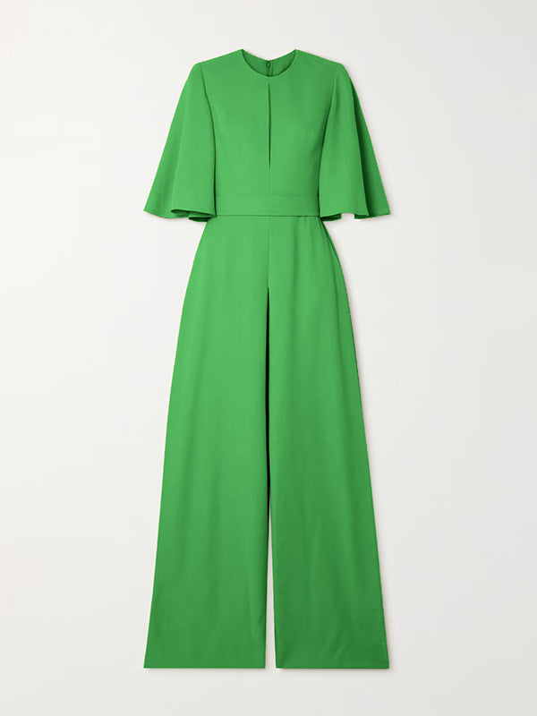 Loose Short Sleeves Solid Color Round-Neck Jumpsuits
