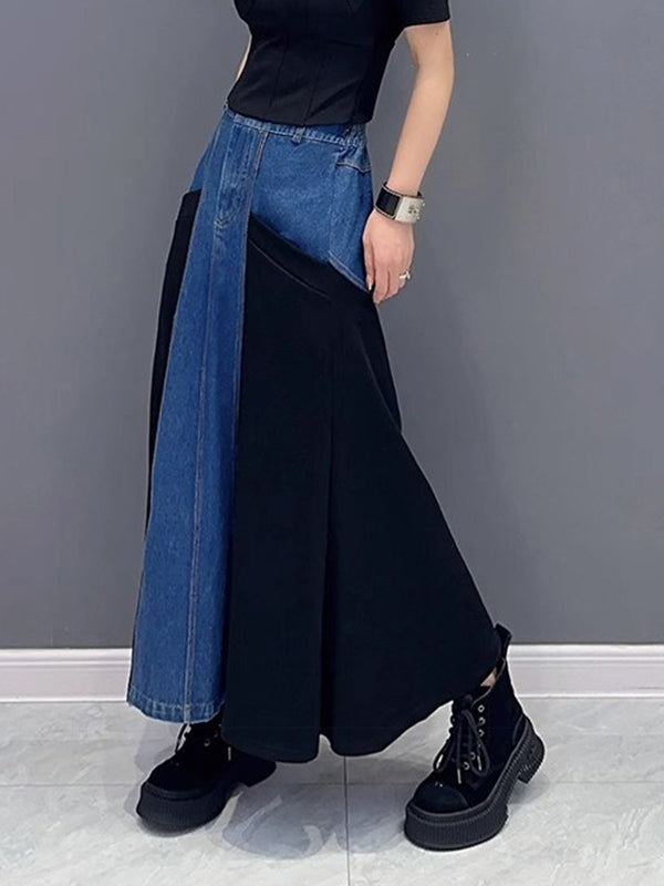 Buttoned Contrast Color Split-Joint A-Line Loose Denim Skirts Bottoms