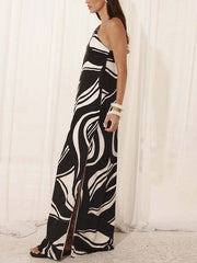Printed Loose Sleeveless One-Shoulder Maxi Dresses