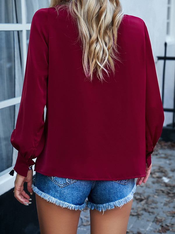 Pleated Solid Color Split-Joint Loose Puff Sleeves Round-Neck Blouses