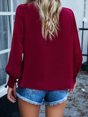 Pleated Solid Color Split-Joint Loose Puff Sleeves Round-Neck Blouses